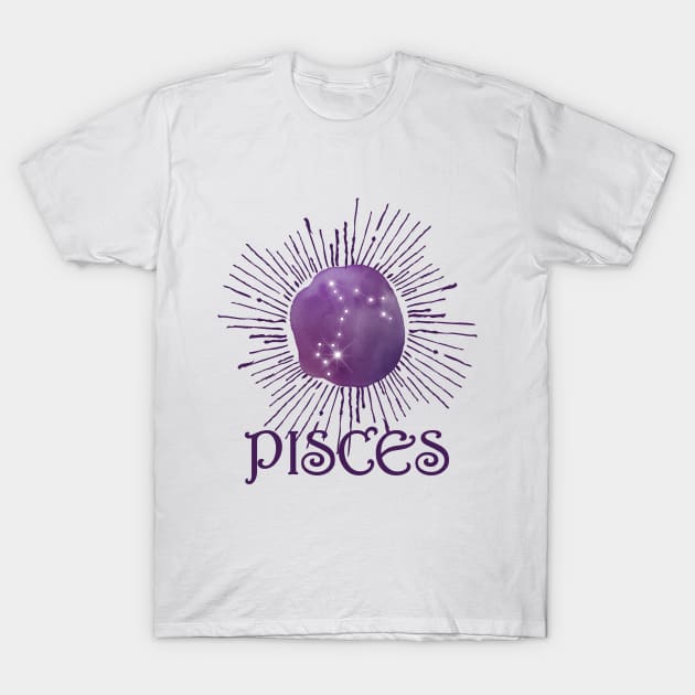 Pisces – star sign in purple, Pisces star sign T-Shirt by LollysLane